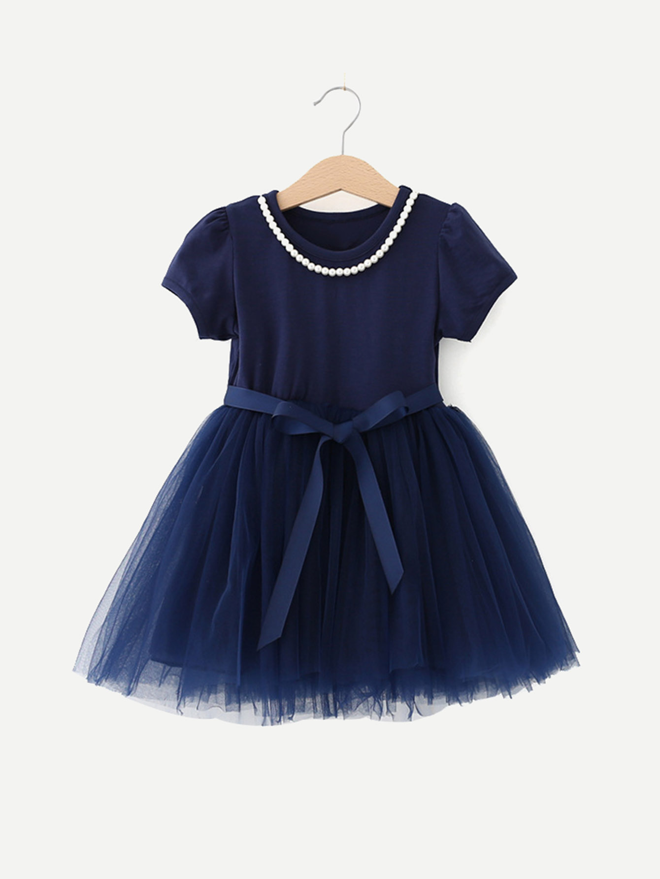 Girls Contrast Mesh Tie Detail Pearls Decoration Dress