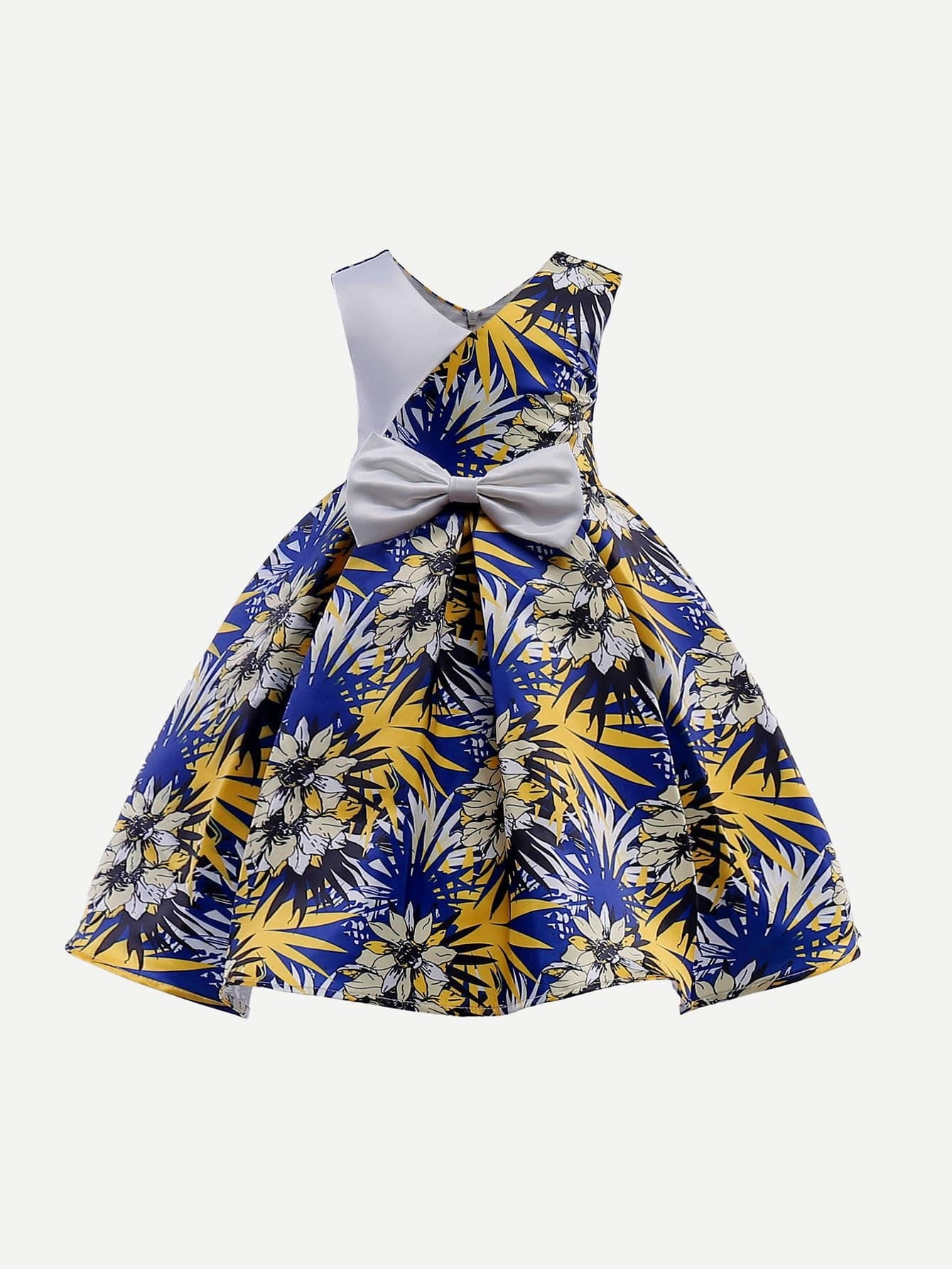 Girls Tie Detail Floral Print Box Pleated Dress