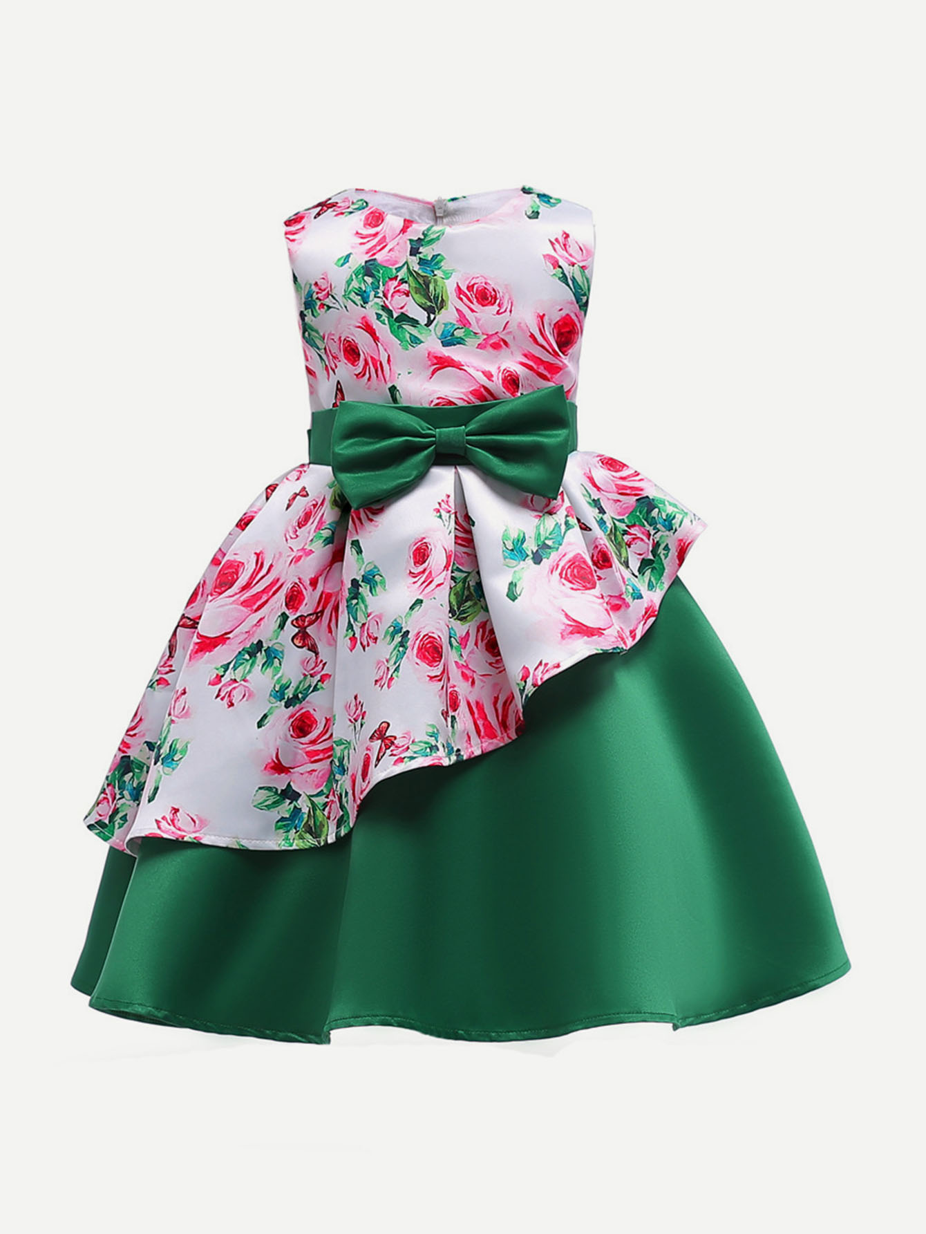 Girls Tie Detail Floral Print Box Pleated Tiered Dress