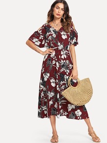 Floral Print Open Shoulder Dress
