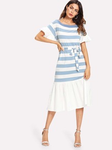 Ruffle Hem Tie Waist Stripe Dress