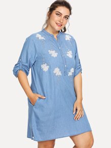 Flower Embroidered Denim Dress