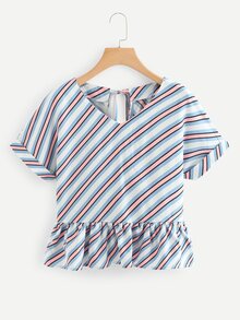 Block-Stripe Ruffle Hem Tie Back Blouse