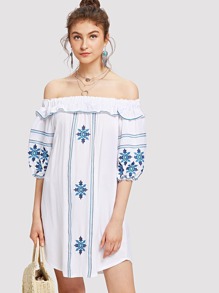 Bardot Ruffle Trim Embroidered Dress