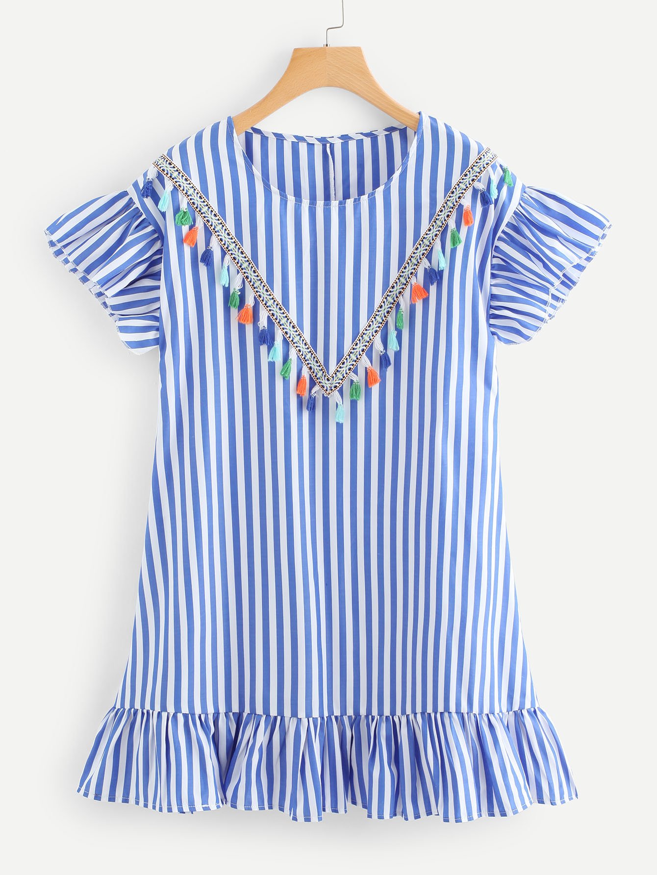 Embroidered Tape Detail Tassel Trim Ruffle Dress