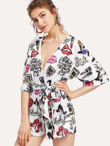 All Over Printed Belted Surplice Romper