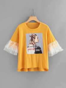 Figure Print Tiered Mesh Cuff Dip Hem Tee