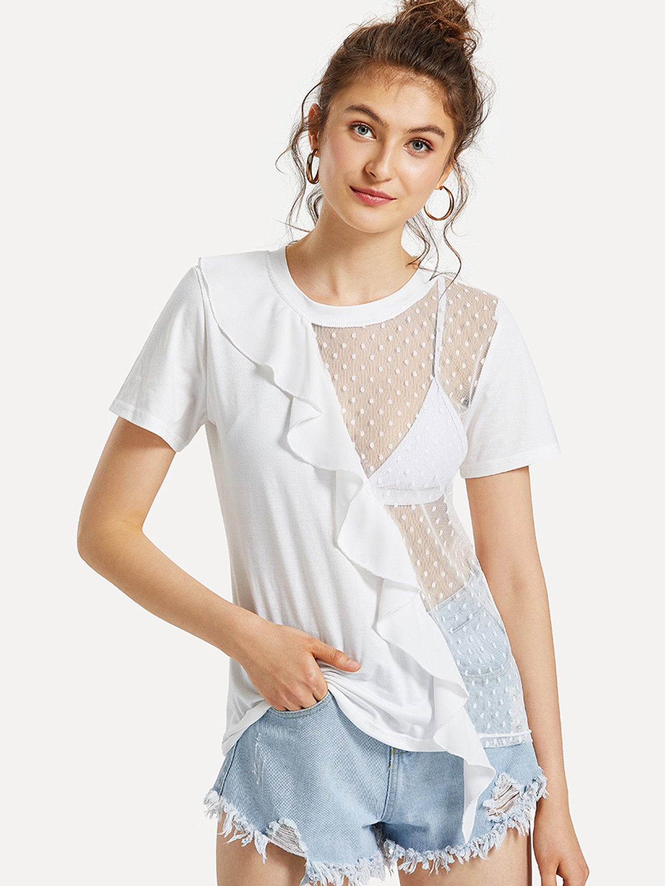 Ruffle Trim Dot Mesh Panel T-shirt ruffle mesh panel dress