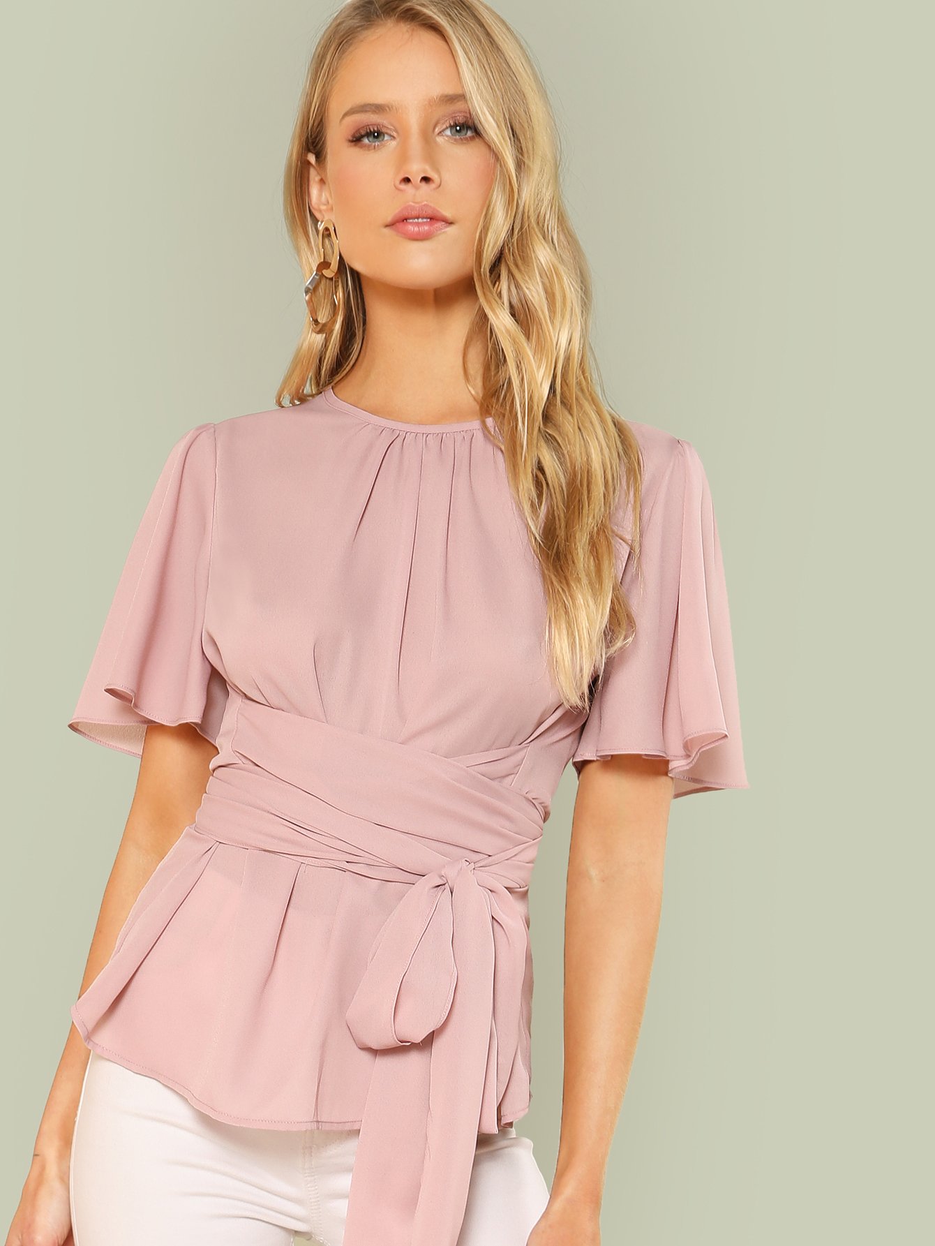 Pleated Front Self Belted Blouse self belted boxed pleated shorts