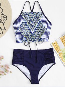 Striped Lace-Up Bikini Set