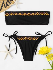 Embroidery Bandeau Bikini Set