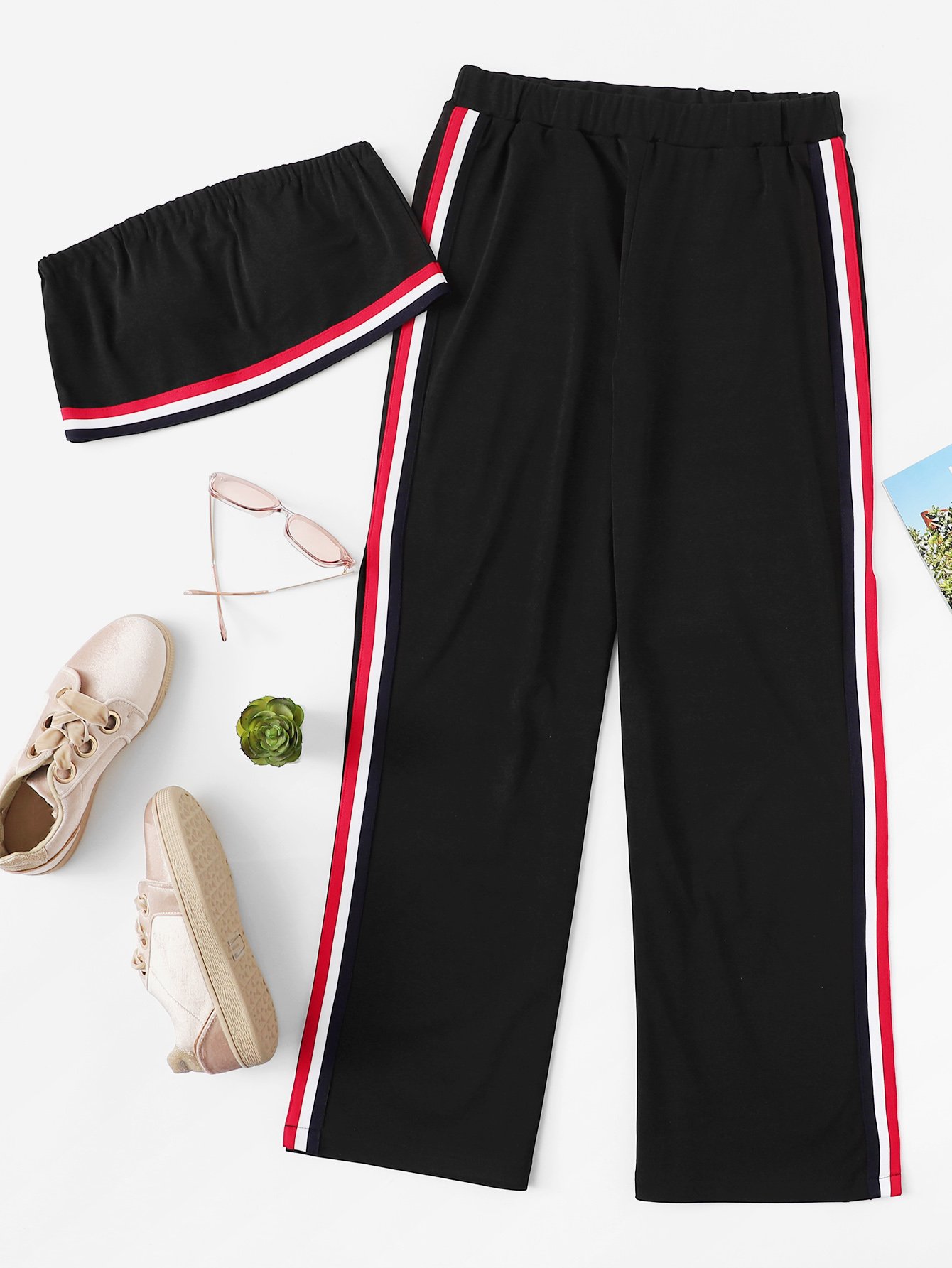 Contrast Striped Tape Bandeau Top With Pants