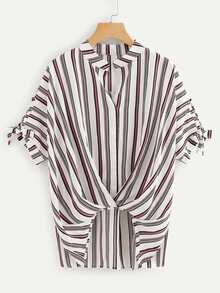 Knot Sleeve Dip Hem Striped Top