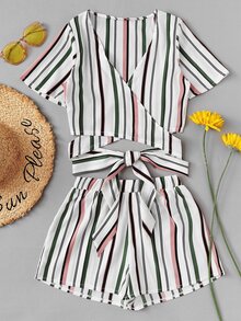 Striped Knot Side Crop Top With Shorts