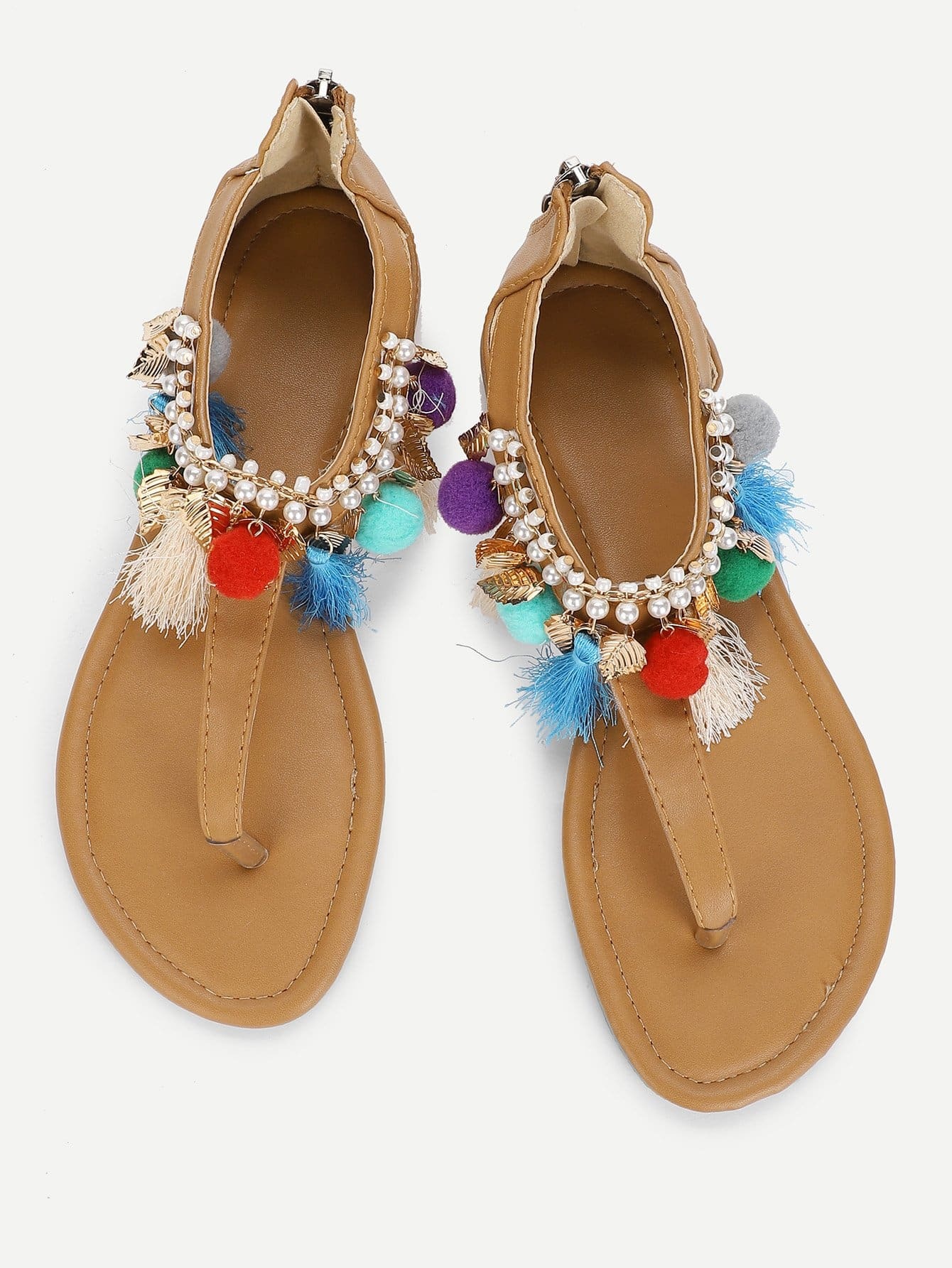 Pom Pom & Tassel Decorated PU Sandals pom pom tassel ethnic pendant earrings