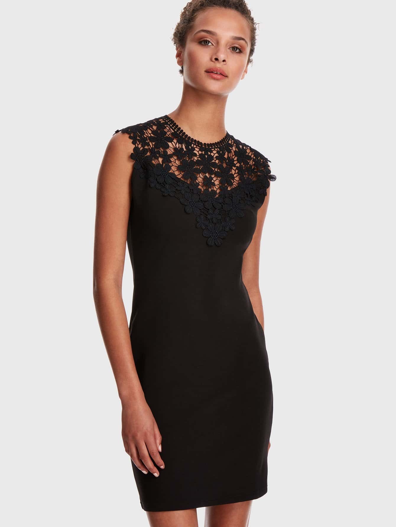 Guipure Lace Applique Yoke Keyhole Back Dress