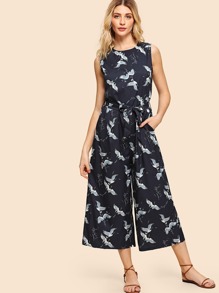 Crane Print Tie Waist Wide Leg Jumpsuit