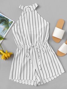 Drawstring Waist Striped Romper
