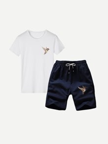 Men Embroidery Shirt With Drawstring Shorts