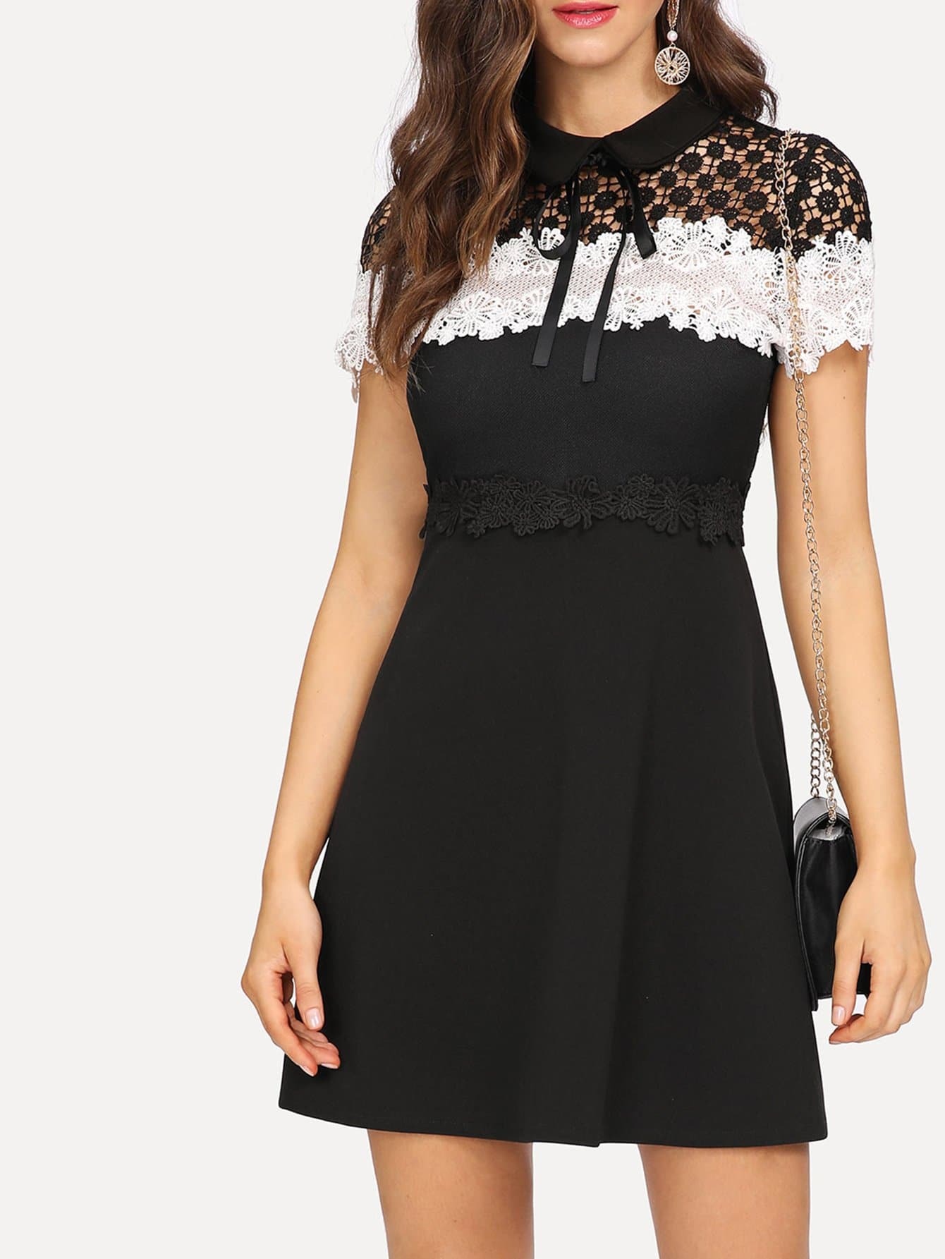 Tie Neck Hollow Crochet Lace Panel Dress crochet lace panel top