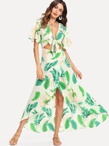 Knot Front Open Midriff Wrap Tropical Dress