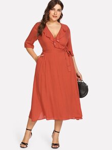 Ruffle V-Neck Polka Dot Wrap Dress