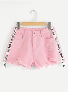 Raw Hem Ripped Letter Denim Shorts