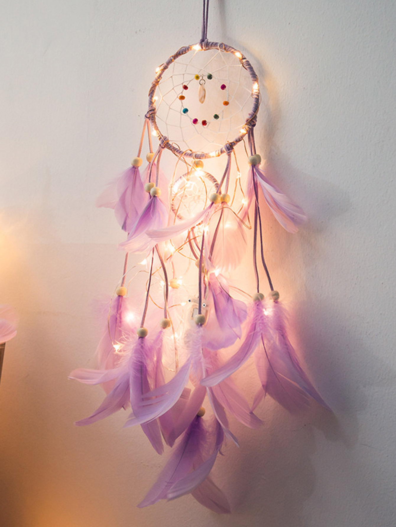 Feather Fringe Dreamcatcher Light pastel chandelier beaded feather mobile dreamcatcher