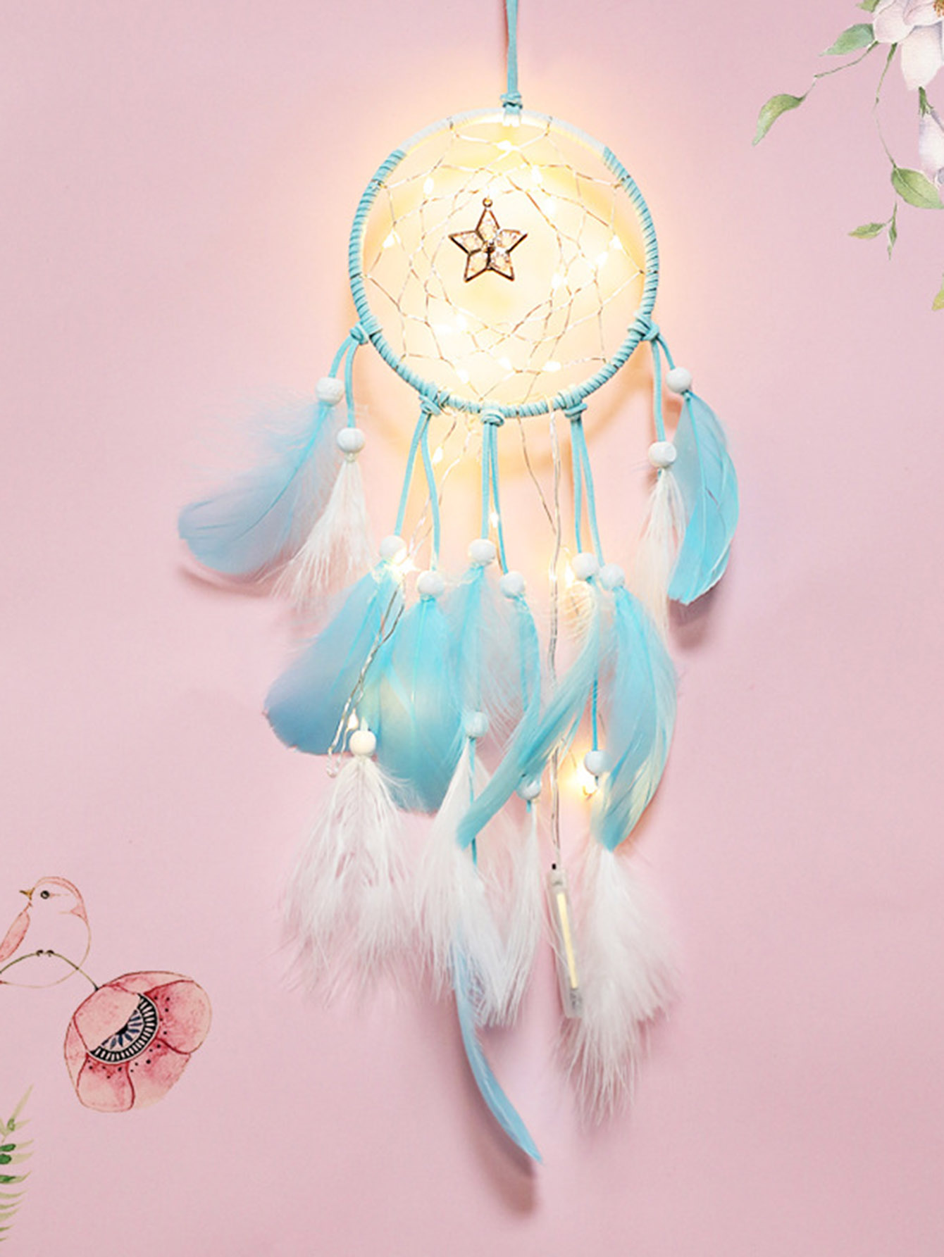 Two Tone Feather Dreamcatcher Light pastel chandelier beaded feather mobile dreamcatcher
