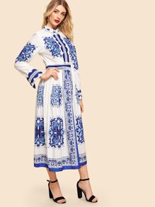 Lace Contrast Porcelain Print Dress