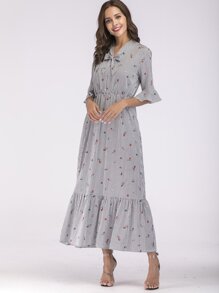 Tie Neck Flounce Sleeve Ruffle Stripe Dress