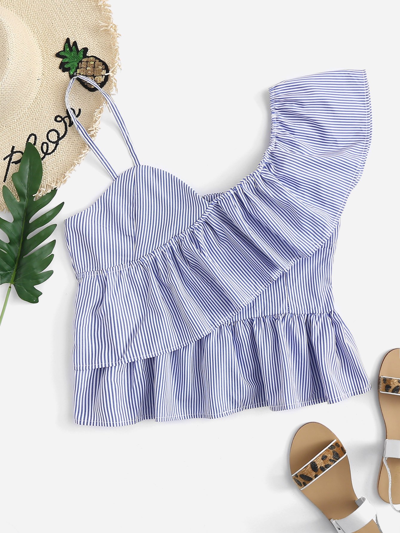 Ruffle Trim Asymmetrical Shoulder Striped Top