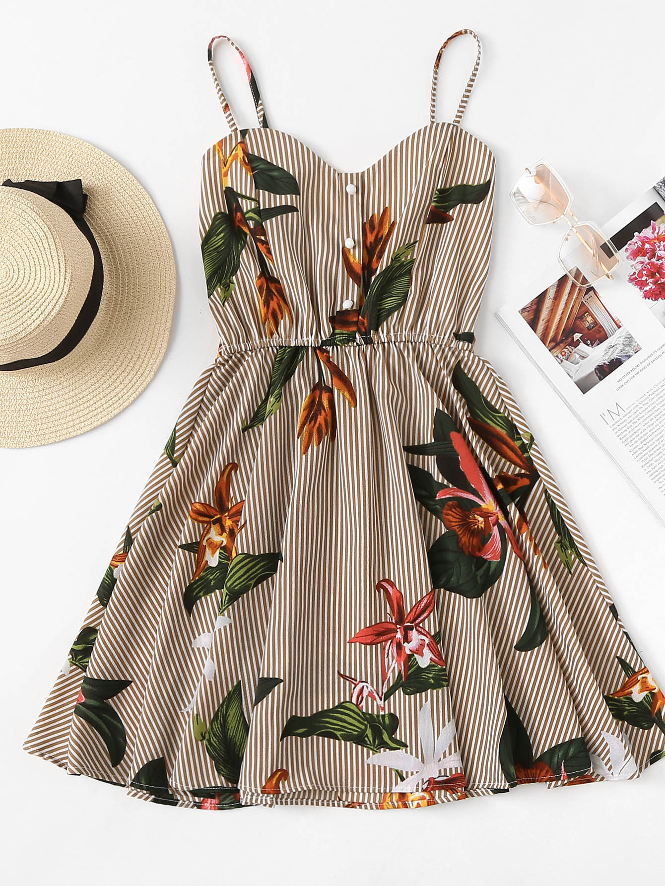 Striped Floral Print Shirred Back Cami Dress