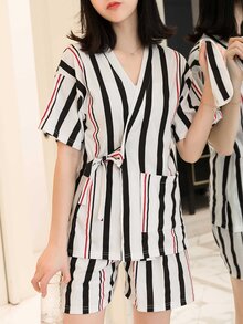 Striped Wrap Top & Shorts PJ Set