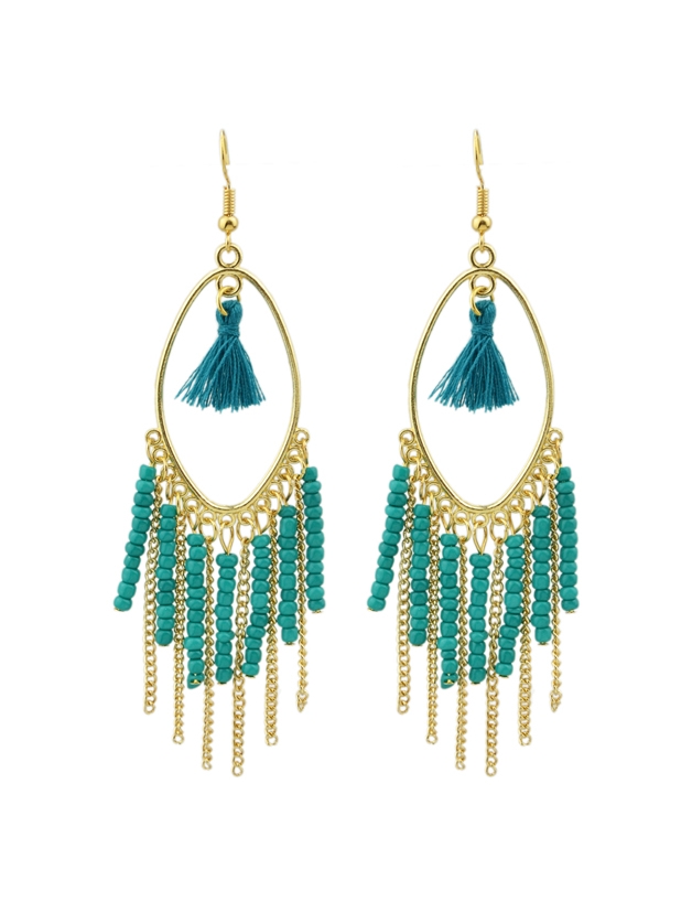 Green Colorful Beads Chain Tassel Long Earrings