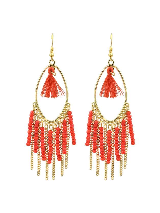 Red Colorful Beads Chain Tassel Long Earrings