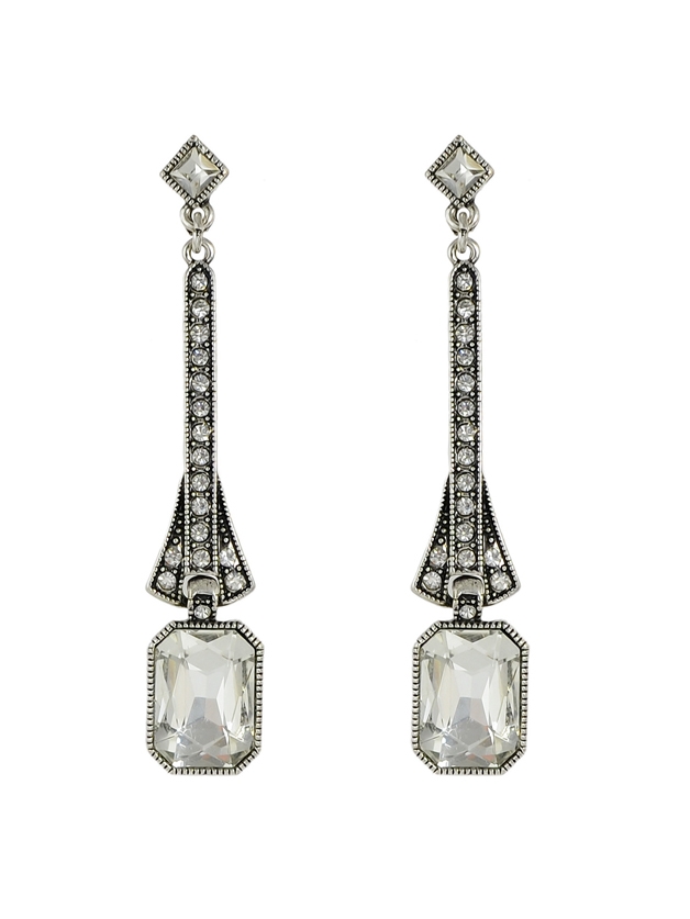 White Geometric Rhinestone Drop Long Earrings