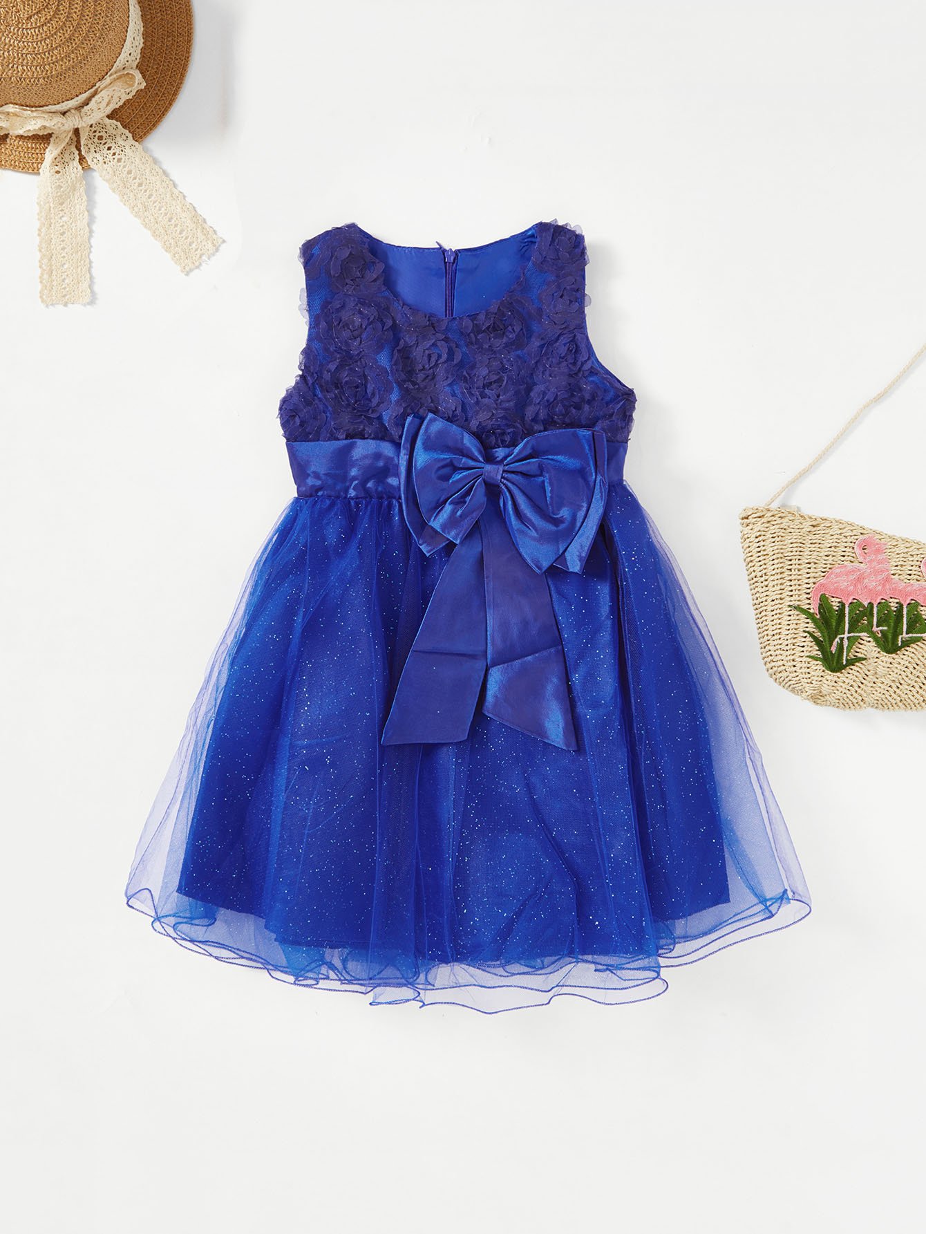 Girls Stereo Rose Bow Tie Tiered Mesh Ball Gown