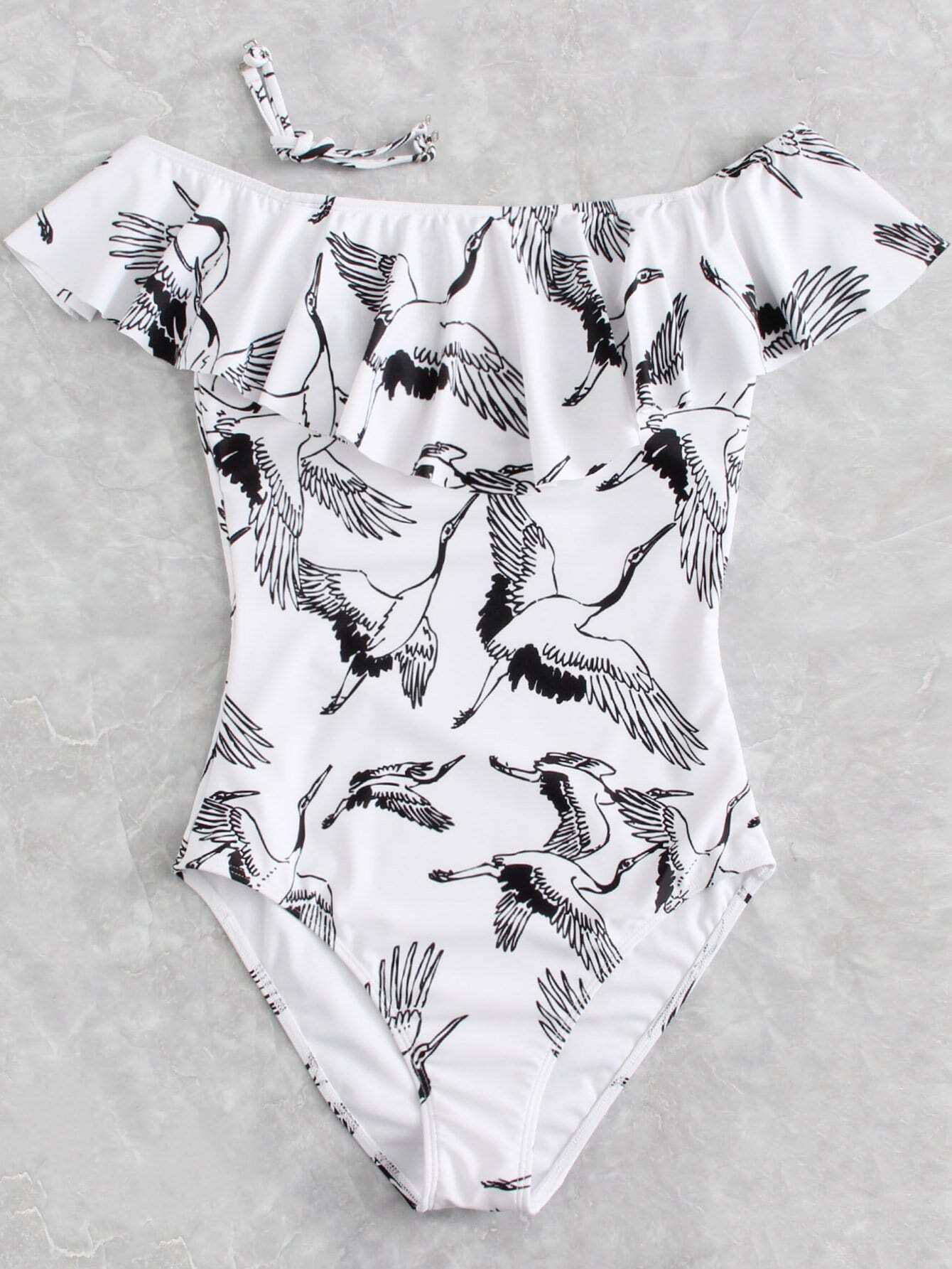 Plus Crane Bird Print Flounce Bardot Swimsuit