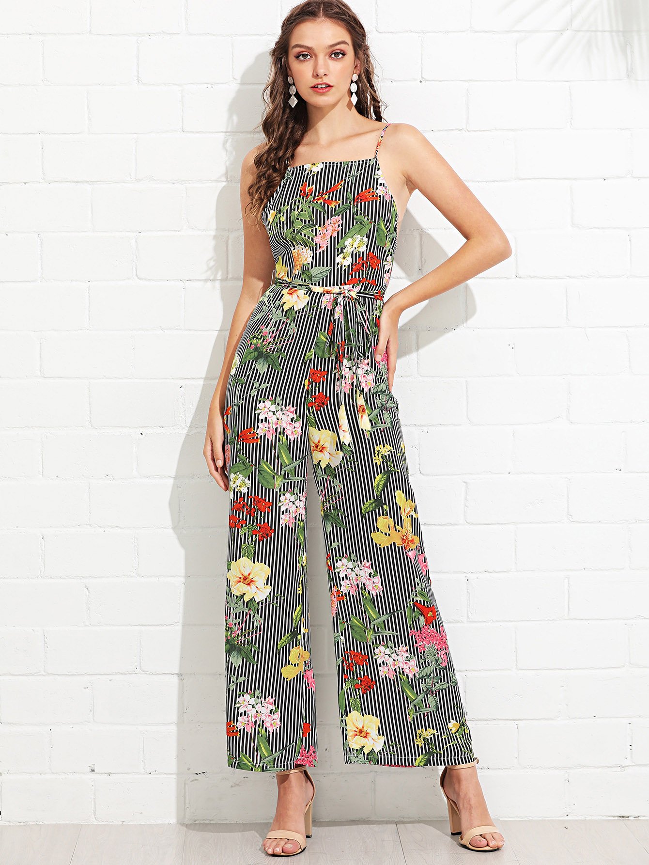 Комбинезон с широкими штанинами с полосками и цветы