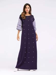 Tiered Ruffle-Sleeve Pearl Beaded Dress