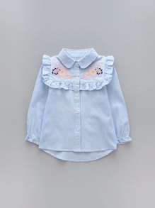 Girls Floral Embroidery Frill Striped Blouse