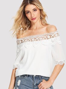 Lace Contrast Off-Shoulder Chiffon Top