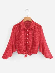 Knot Hem Polka Dot Blouse