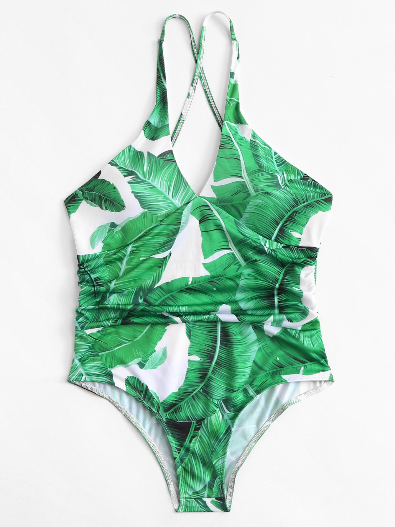 Plus Jungle Leaf Print Crisscross Back Swimsuit