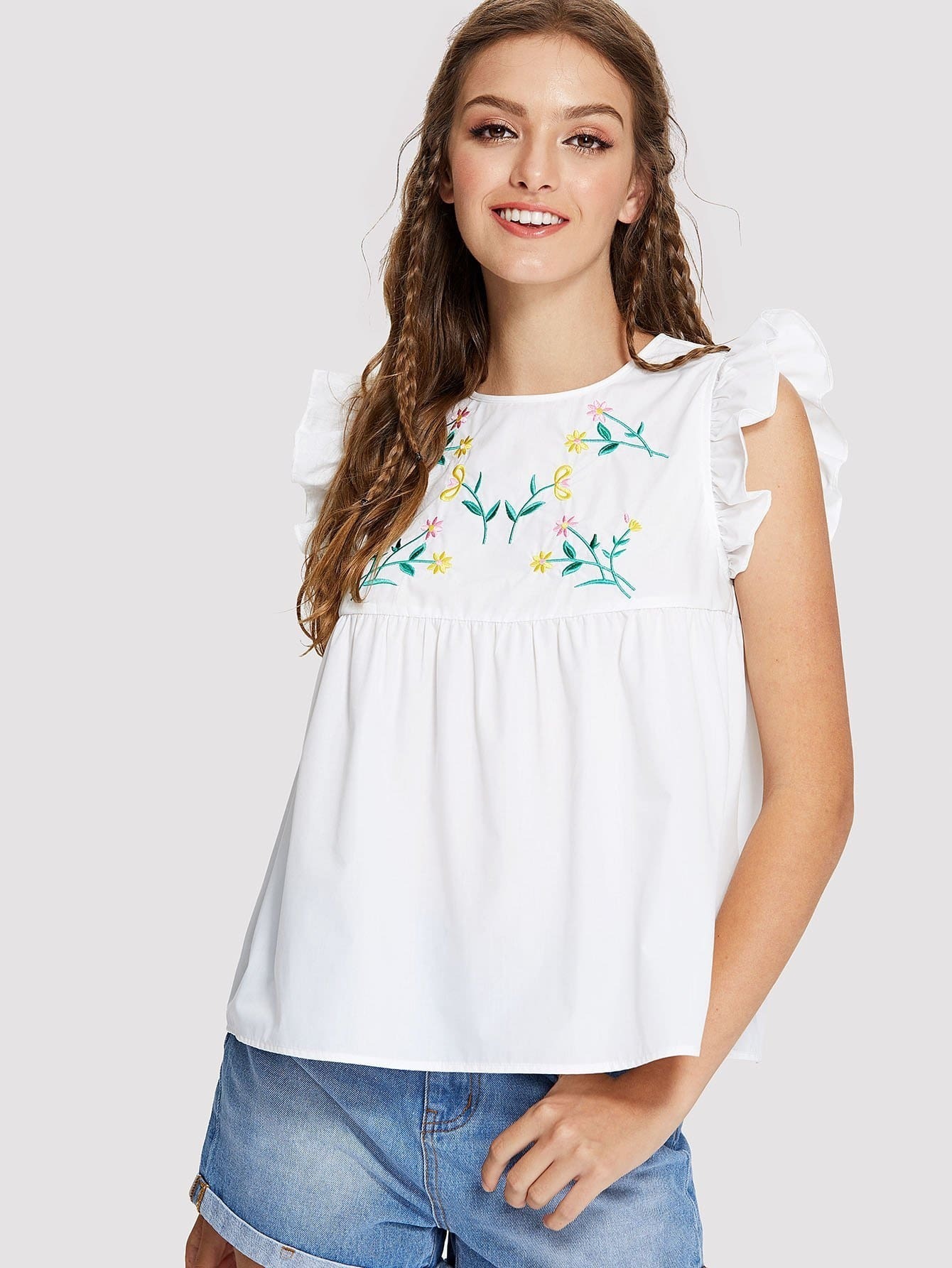 Топ с вышивкой цветы и оборками