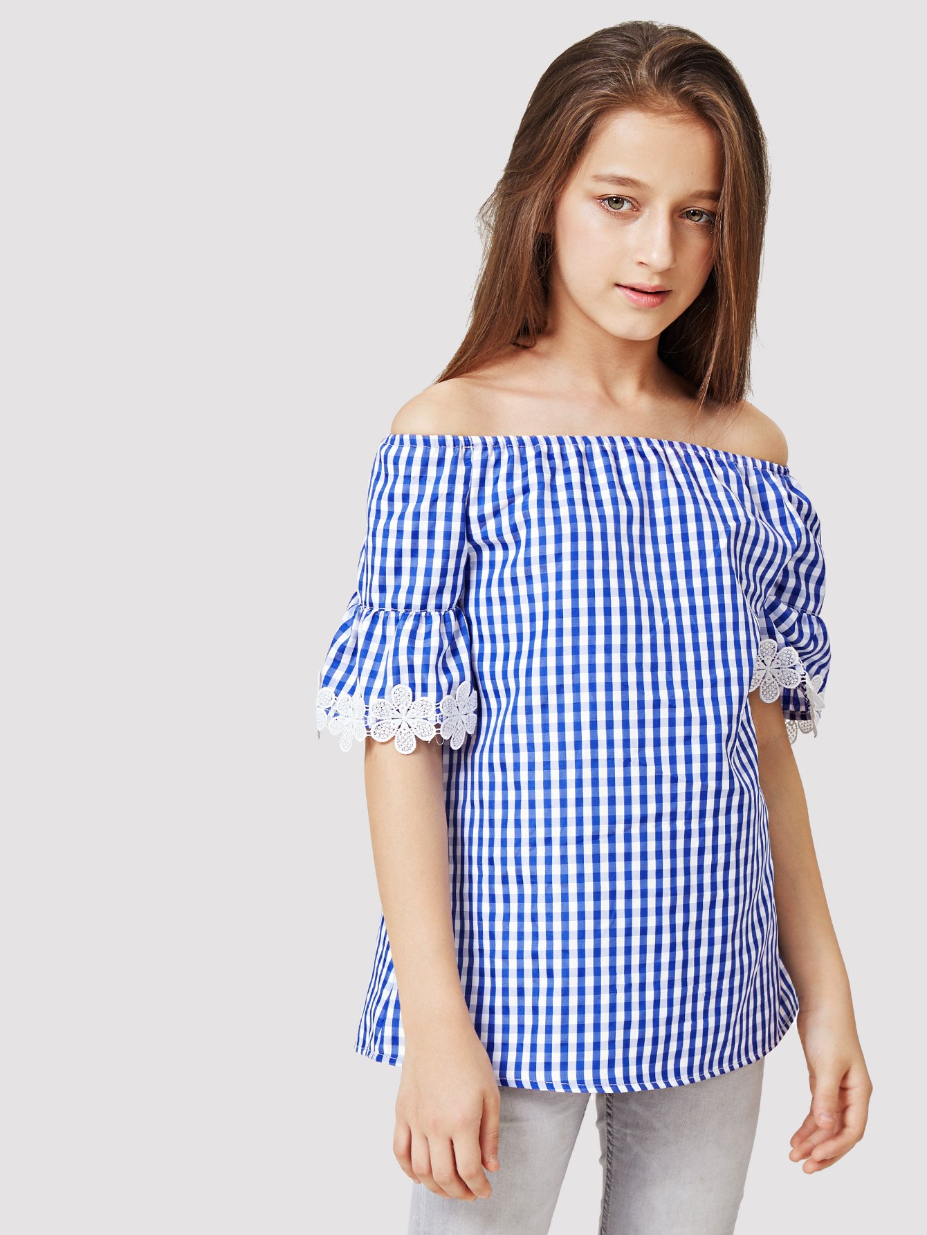 Girls Contrast Lace Off The Shoulder Gingham Blouse