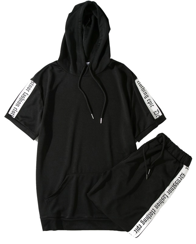 Men Letter Print Tape Detail Hooded Sweater With Drawstring Pants
