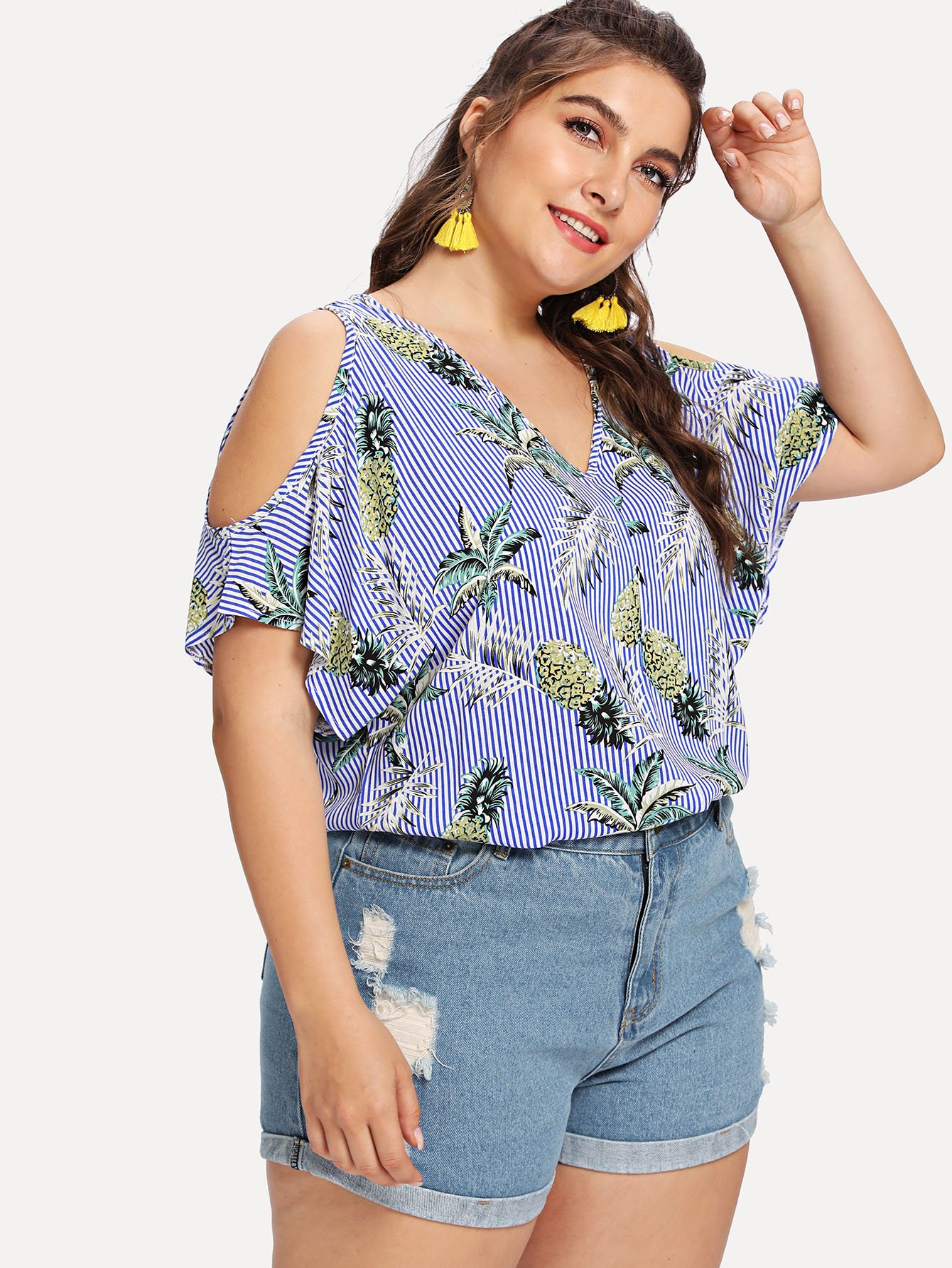 Plus Tropical Print Open Shoulder Striped Blouse