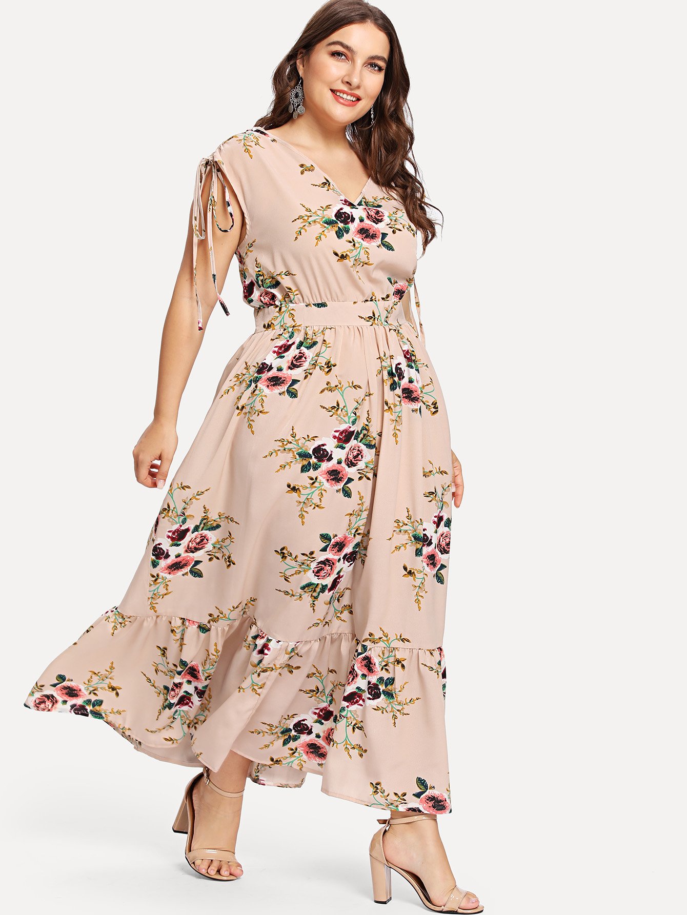 Plus Drawstring Detail Ruffle Hem Florals Dress